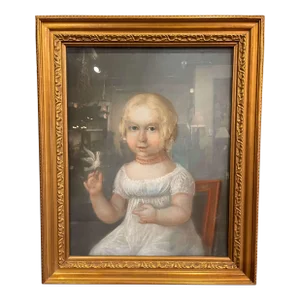 Late 19th Century French Young Girl With Bird Pastel Portrait in Gilt Frame