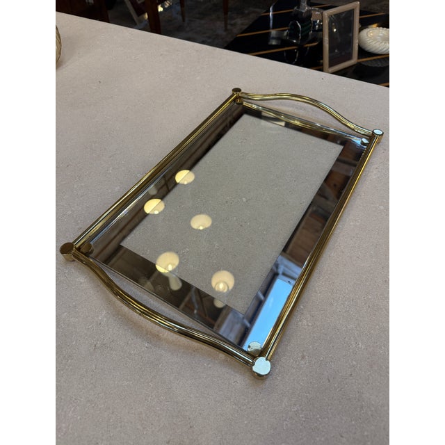 Glass Italian Brass and Glass Rectangular Tray With Curved Handles, 1970s For Sale - Image 7 of 7