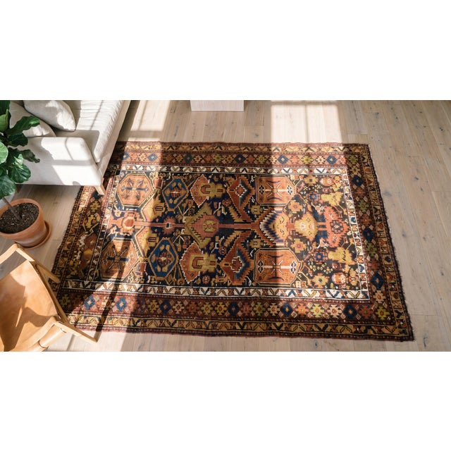 Navy Blue 1900s Blue Navy Geometric Tribal Antique Persian Kurdish Rug 5'0" X 7'7" Handknotted Wool Carpet For Sale - Image 8 of 9