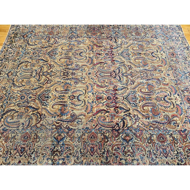Textile Antique Persian Kerman Lavar Rug, Hand-Knotted Wool, All-Over Floral Pattern, Ivory & Blue, 9x12 For Sale - Image 7 of 16