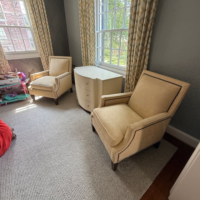 Pair Wesley Hall Lounge Chairs A great looking duo in a gold and khaki diamond pattern. Straight profile with nailhead...
