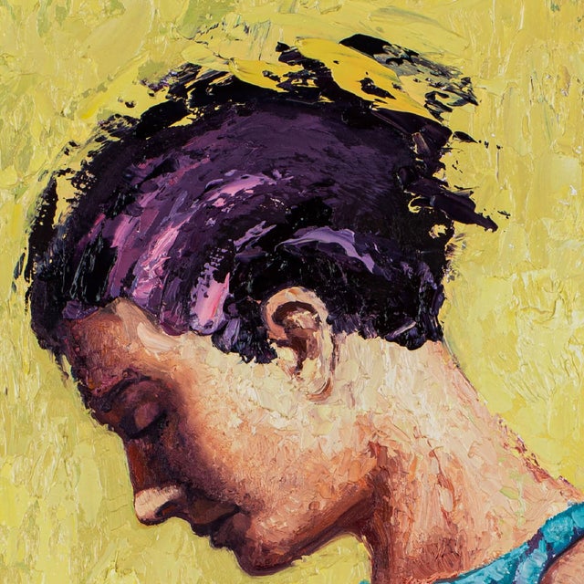 Contemporary Quiet Reflection by Dominic Harman | Oil On Board Portrait of a woman in profile with a yellow background For Sale - Image 3 of 4