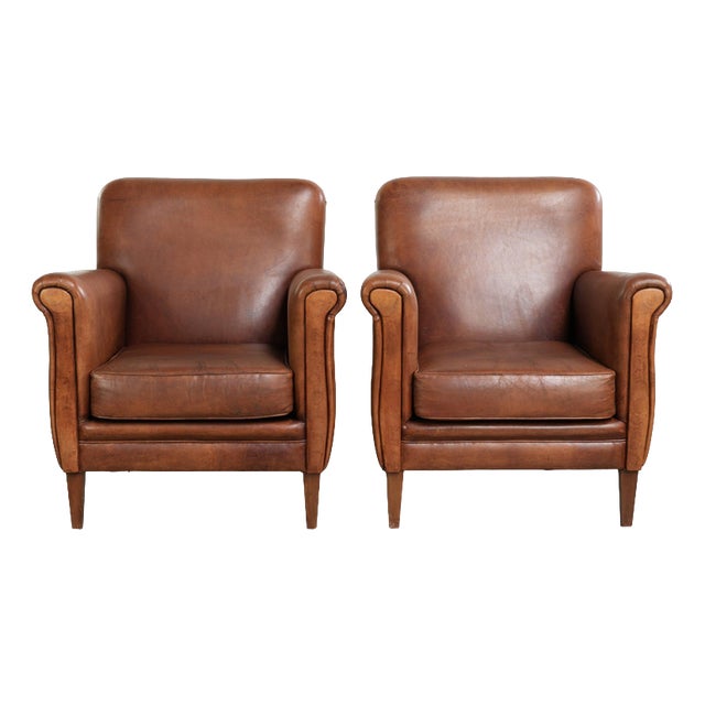 Vintage Sheepskin Leather Armchairs, Set of 2 For Sale
