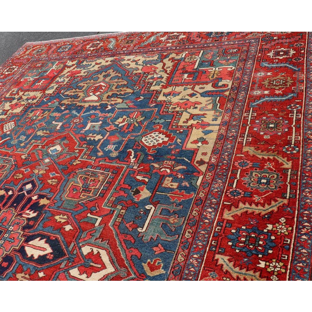 Antique Persian Heriz Serapi Rug With Blue Field Geometric Medallion Design For Sale - Image 12 of 17