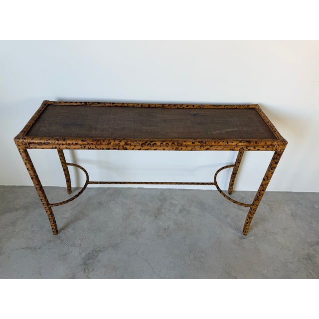 Vintage Faux Tiger Bamboo Wrapped Rattan Console Table For Sale - Image 4 of 16