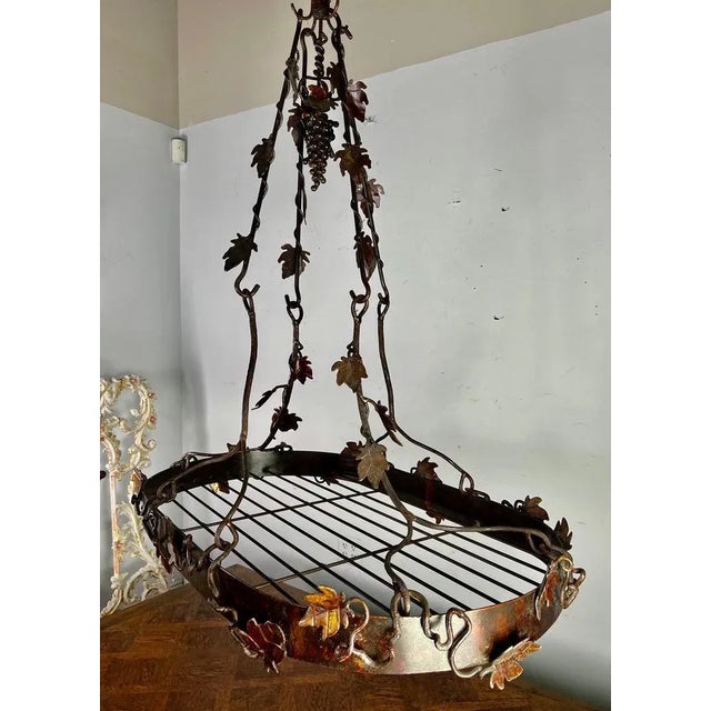 Wrought Iron Pot Rack With Grapevine Design, Distressed Finish For Sale - Image 4 of 10