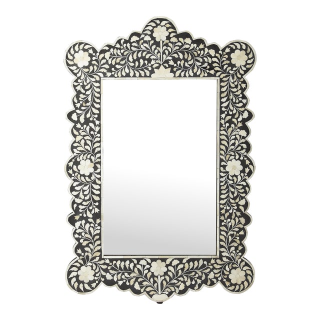 Vivienne 24 in. W x 36 in. H Rectangular Arched Bone Inlay Wall Mirror, Black Bone Inlay For Sale