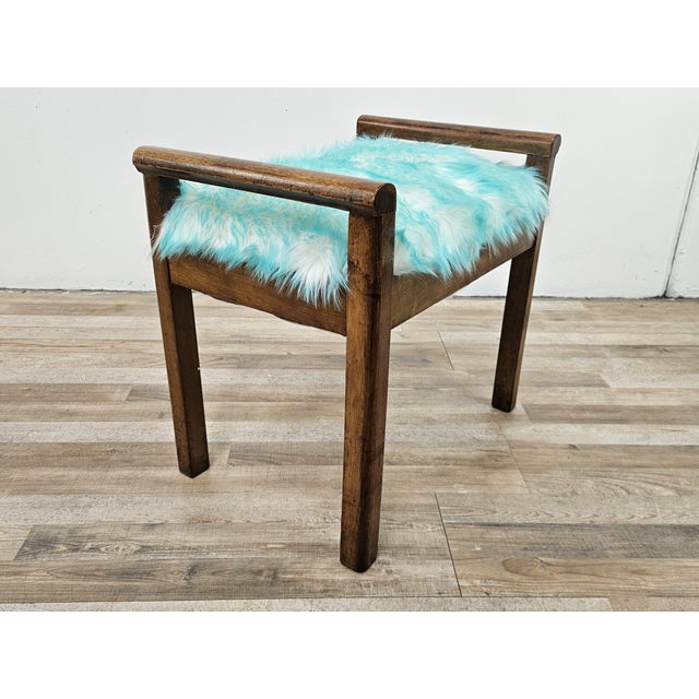 1940s Art Deco Stool in Walnut and Blue Fur, 1940 For Sale - Image 5 of 15