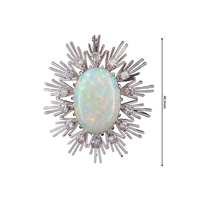 1960s 18 Karat White Gold 10 Carat Fine White Opal and Diamond Pin/ Pendant For Sale - Image 4 of 5