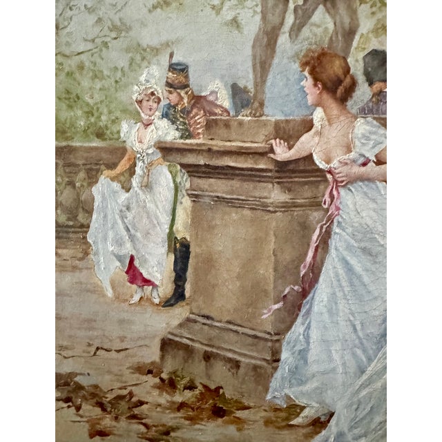 Oil on canvas depicting a social scene in a wooded garden, around a pedestal surmounted by a classical statue. Three...