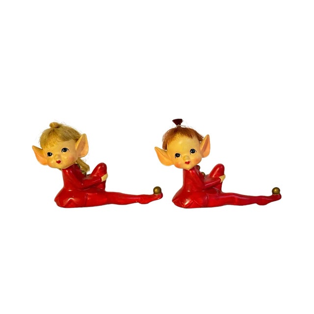 Vintage 1950s Pixie Elf Figurines Anthropomorphic Red Knee Hugger Elves Christmas Holiday a Pair For Sale - Image 13 of 13