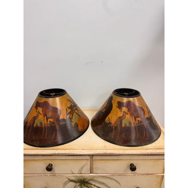 Vintage Hand Painted Safari Paper Lampshades With Craquelure Finish - a Pair For Sale - Image 9 of 9