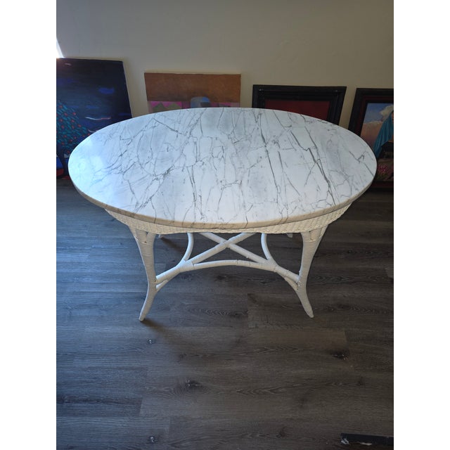 Wood Antique White Marble Top Wicker Table For Sale - Image 7 of 8