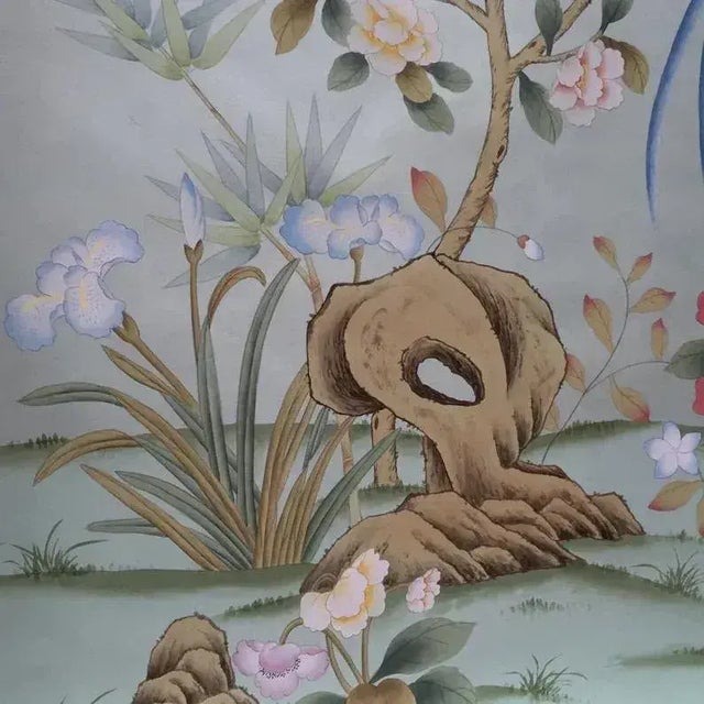 Chinoiserie Hand Painted Pale Mint Chinoiserie Floral Crane & Long‑Tailed Bird Mural 3‑Panel Set For Sale - Image 3 of 4