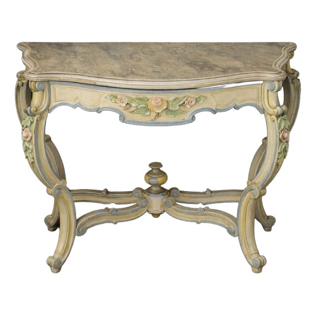 Italian Console Table with Painted and Sculpted Wooden Top with Faux Marble Finish For Sale