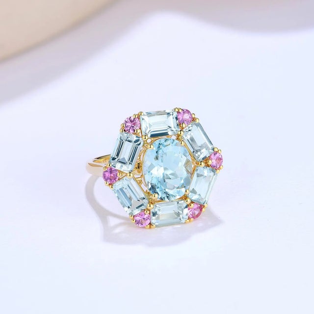 Nina Zhou Margeret Aquamarine Pink Sapphire Cocktail Ring in 14k Yellow Gold Ring, size 7.5 For Sale - Image 9 of 10
