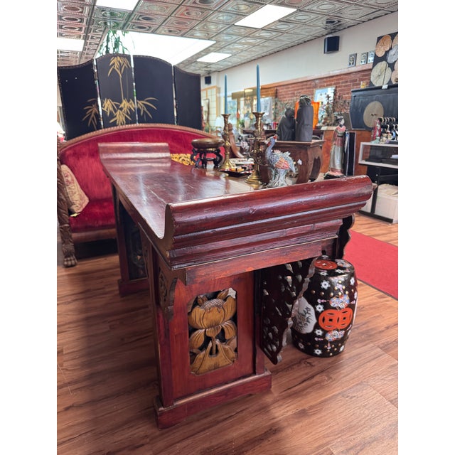 Early 20th Century Chinese Carved Red Lacquer Qiaotouan Altar Console Table, Circa 1900 For Sale - Image 5 of 10