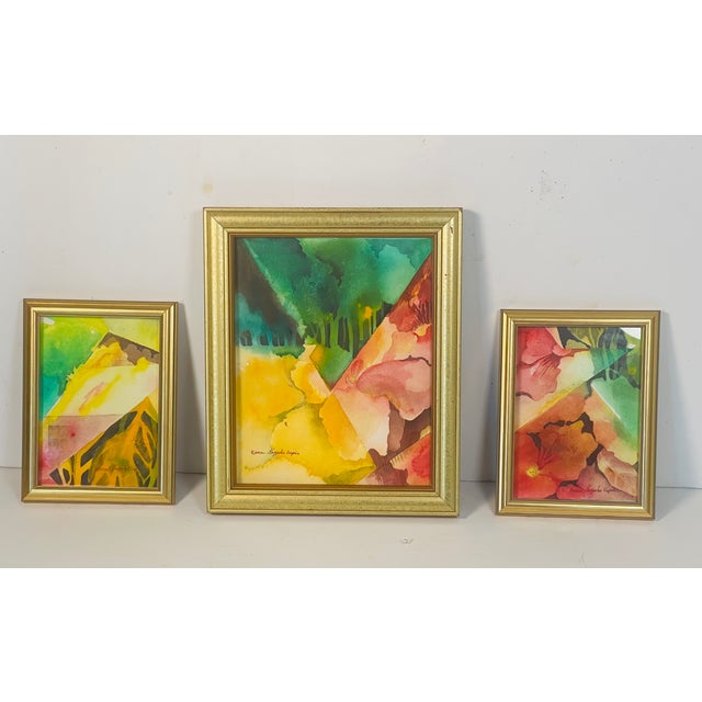 Vintage colourful tryptych abstract watercolors set gned Dvora Margulis Dapir., renowned Florida artist.