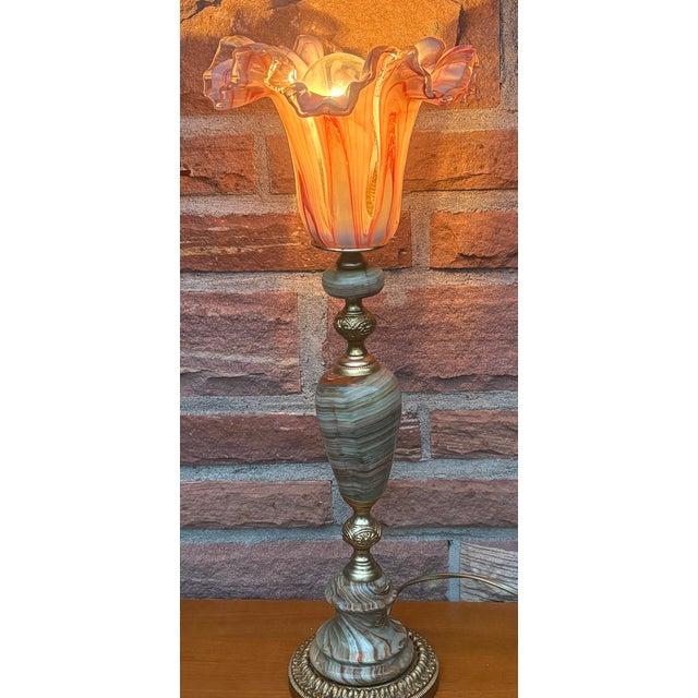 Vintage Brass and Onyx Glass Shade Table Lamp, 1960s For Sale - Image 10 of 12