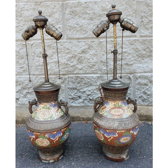 Pair of 19th C Meiji Bronze Champleve and Cloisonne Enamel Vases Mounted as Lamps For Sale - Image 11 of 11