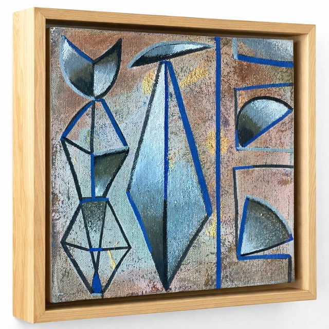 Mid Century Modern Abstract Painting Blue Teal Orange Geometric Wall Art Original 8x8 For Sale In Los Angeles - Image 6 of 16