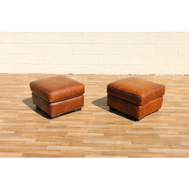 Vintage Pair Art Deco Revival Distressed Brown Leather Club Chairs & Ottomans, 1980s For Sale - Image 17 of 18