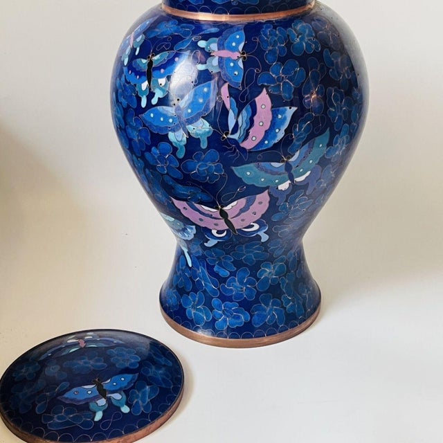 Vintage Cloisonné Enamel Butterfly & Floral Ginger Jar With Lid For Sale - Image 9 of 9