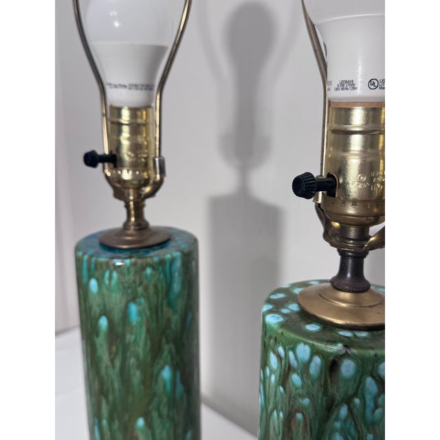 Vintage Mid Century Hollywood Regency Drip Glaze Ceramic Aqua, Brass & Gold Leaf Shaded Table Lamps, a Pair For Sale - Image 14 of 18
