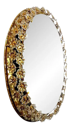 Backlit Flower Mirror in Gilt Brass & Crystals, 1970