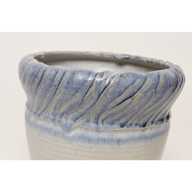 Vintage Navy and Pale Blue Incised Studio Ceramic Planter by Deanna Nichols For Sale - Image 9 of 15