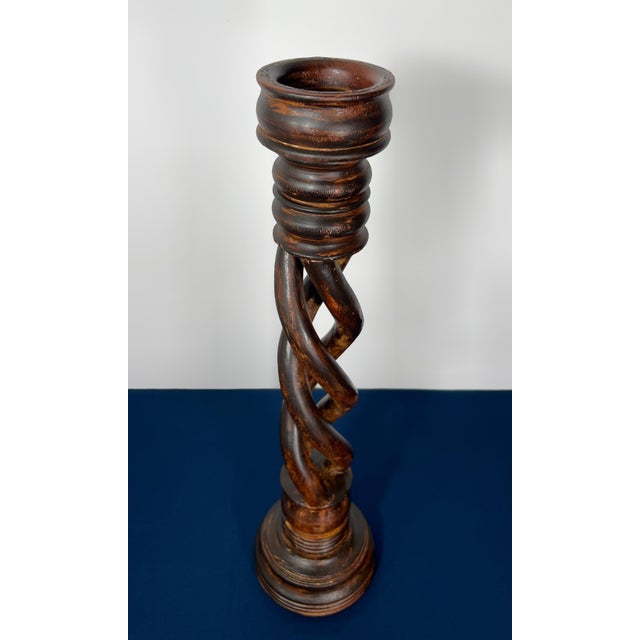 27-Inch Antique Hand-Carved Openwork Barley Twist Candlestick | 6" Diameter Base | Early 20th Century For Sale In Houston - Image 6 of 9
