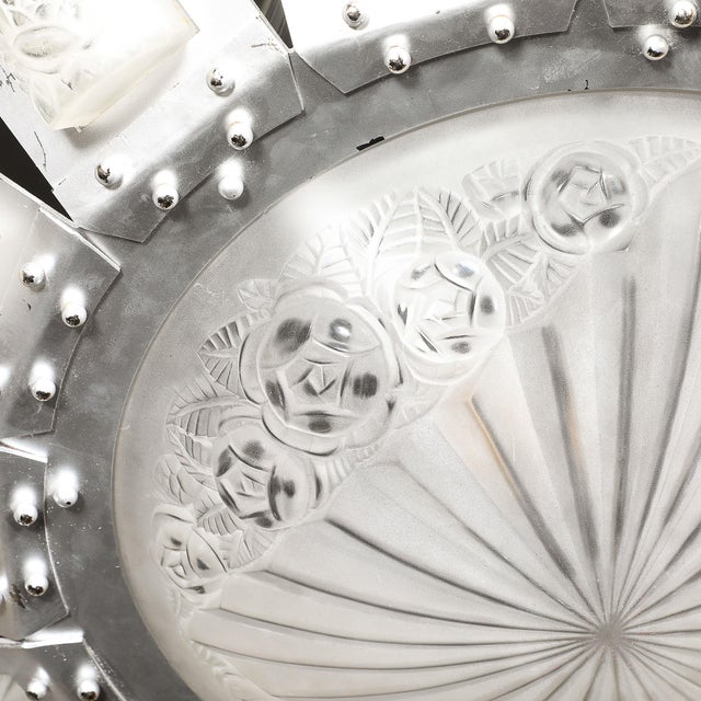 Art Deco Geometric Frosted Glass & Nickeled Starburst Chandelier Signed Degué For Sale - Image 18 of 18