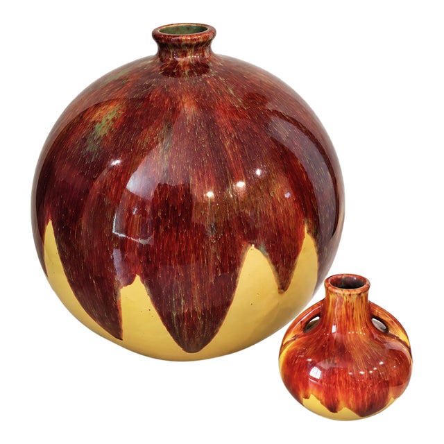 Set of 2, French Puisaye Art Pottery Vases by Jean Maubrou For Sale