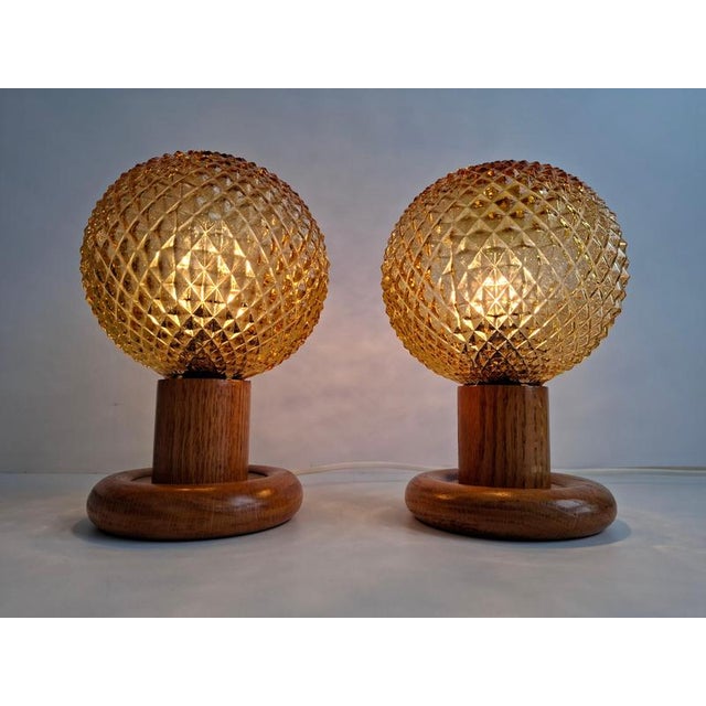 Wood Mid-Century Modern Table Lamps with Amber Glass and Wood Base, Czechoslovakia, 1980, Set of 2 For Sale - Image 7 of 17