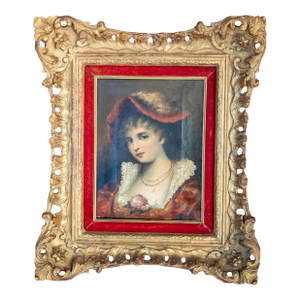 19th Century Continental European French Style Portrait Painting of a Lady in Red, Signed