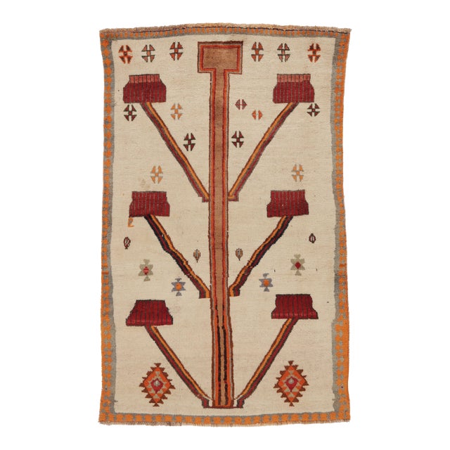 Vintage Persian Gabbeh Rug, Minimalist Tree of Life in Beige & Red - Rug & Kilim For Sale