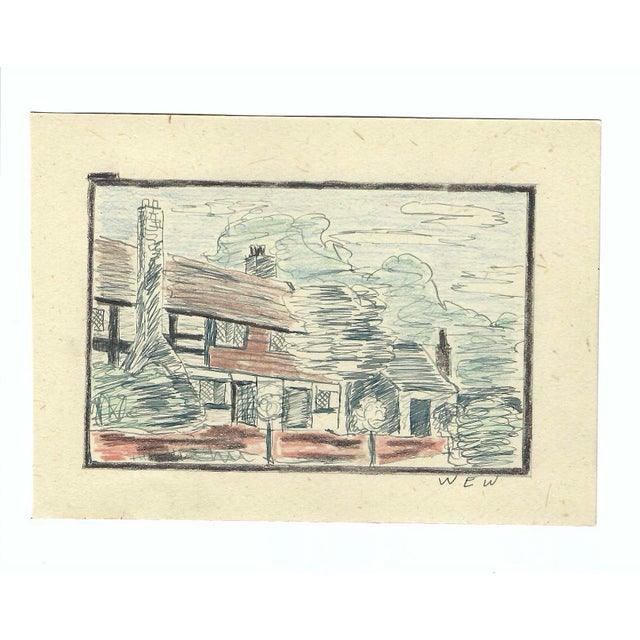 1943 drawing by William E. Wood, a Devon artist in England. Double sided with a drawing of a church. Signed lower right....