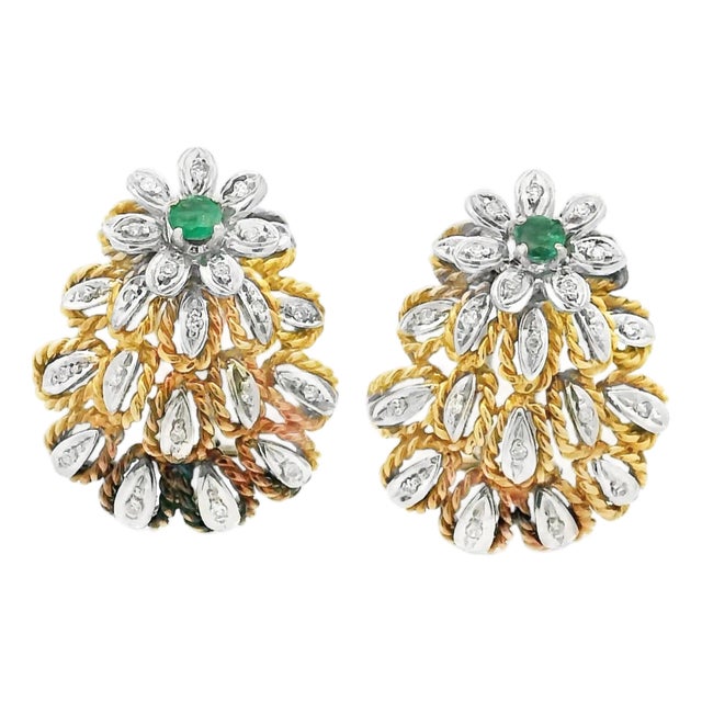 Mid 20th Century Mid-Century Italian 18k Gold Emerald & Diamond Earrings, A Pair For Sale