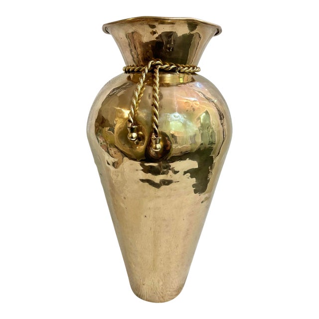 1970’s Hammered Brass Vase With Rope and Tassel Trim For Sale