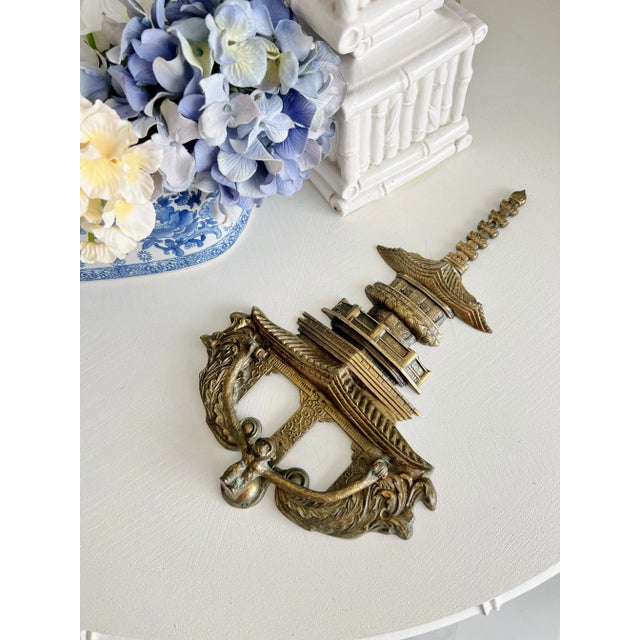 Vintage Large Chinoiserie Brass Pagoda Door Knocker of Distinction For Sale - Image 10 of 12