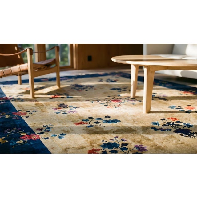 Beige Traditional Floral Design in a Beige Background Color Antique Chinese Art Deco Rug For Sale - Image 8 of 8