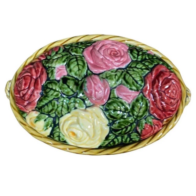 French Country Rare French Majolica Roses Basket Sarreguemines Circa 1920 For Sale - Image 3 of 5