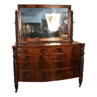 1890s Antique American Empire Book-Match Crotch Mahogany Dresser & Mirror Set For Sale