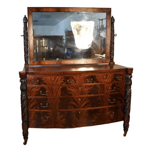 1890s Antique American Empire Book-Match Crotch Mahogany Dresser & Mirror Set For Sale