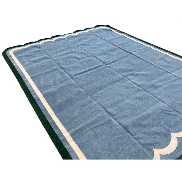 Sky Blue Handmade Woolen Scalloped Rug, Blue With Cream and Forest Green Border - 8'x10' For Sale - Image 8 of 10