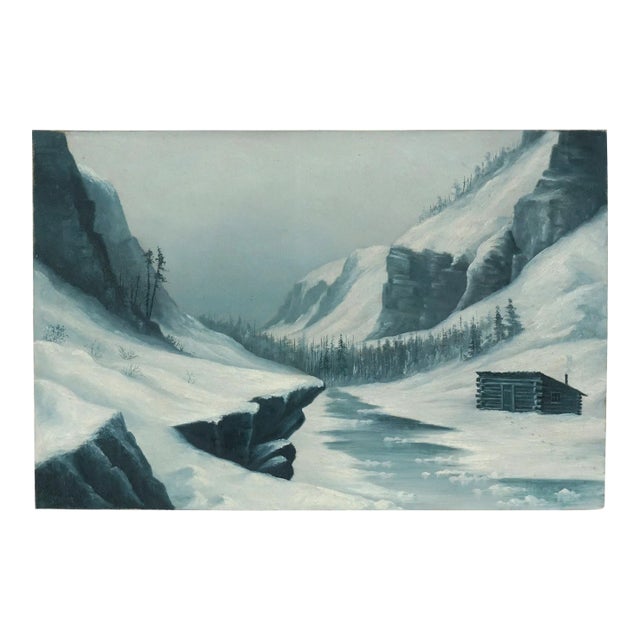 Early 20th Century Winter Snowy Cabin Oil Painting Signed Landscape For Sale