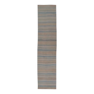 Vintage Turkish Kilim Runner Pastel Stripes Ivory Blue Beige Wool Rug For Sale