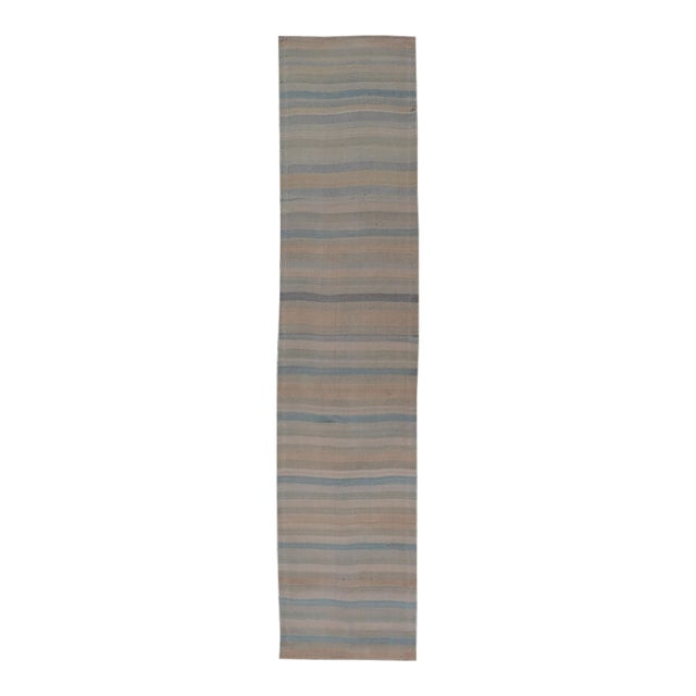 Vintage Turkish Kilim Runner Pastel Stripes Ivory Blue Beige Wool Rug For Sale