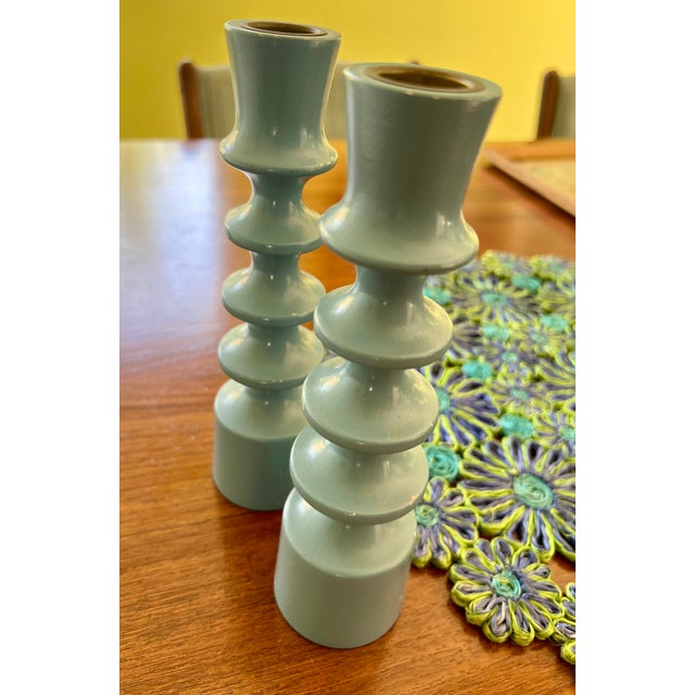 Pair of Mid Century Danish Modern Turned Wood Candlestick Holders by Rasmussen For Sale - Image 4 of 7