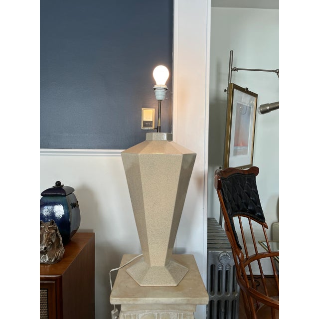 Unique ceramic lamp with a tapered hexagon design. Postmodern Deco styling with a glossy speckled ceramic finish....